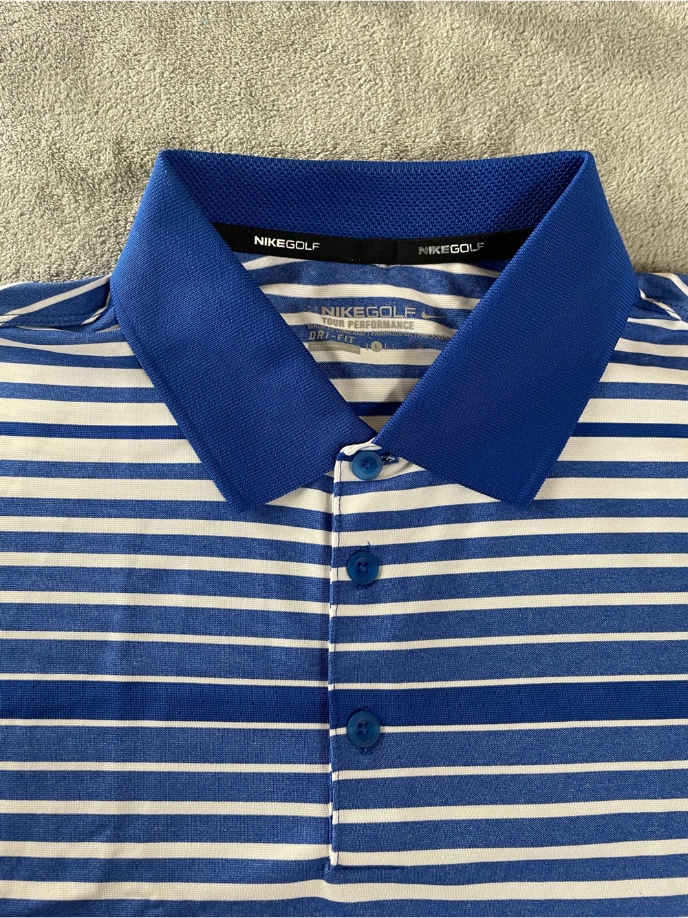 Nike Polo Golf Tour Performance Shirt Mens Large Stripes Blue White Short Sleeve